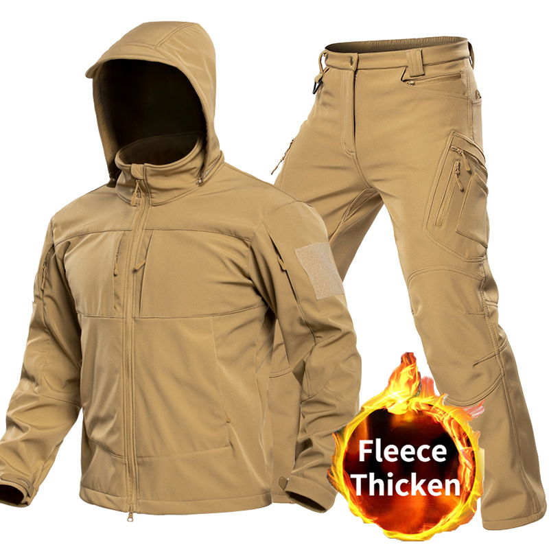 Hunting & Outdoor Supplies Carterton - 男性用アウトドアタクティカルソフトシェルスーツ フード付きフルジップジャケット カーゴパンツ 防風マルチポケットセット ハンティング・ハイキング・キャンプ用